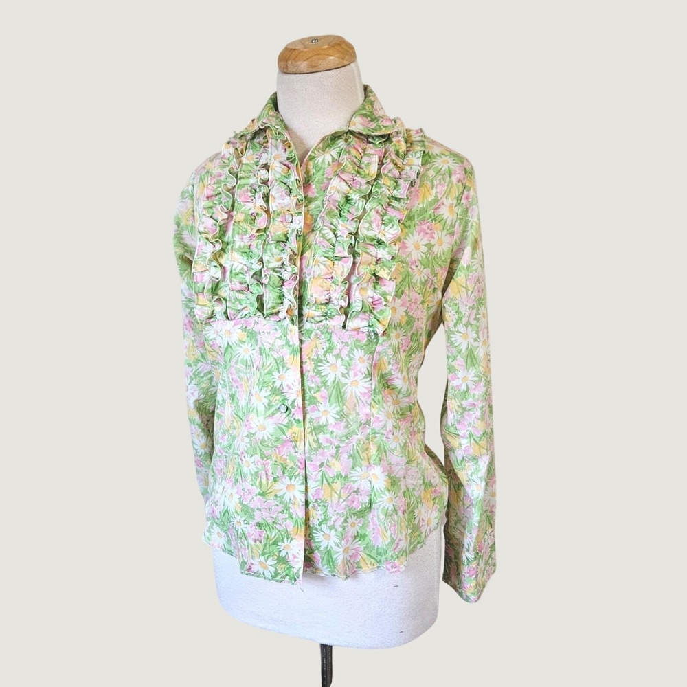 Vtg 70s KARMAN Western Floral Pearl Snap Ruffle Tuxedo Bib Front Cowgirl Shirt S